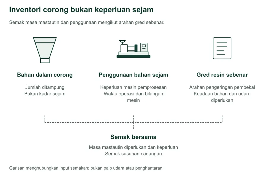 Simbol berasingan bagi bahan dalam corong dan penggunaan sejam peralatan pemprosesan menjadi input semakan bersama gred resin sebenar, arahan pembekal serta masa mastautin diperlukan. Garisan menghubungkan maklumat, bukan paip udara atau bahan.