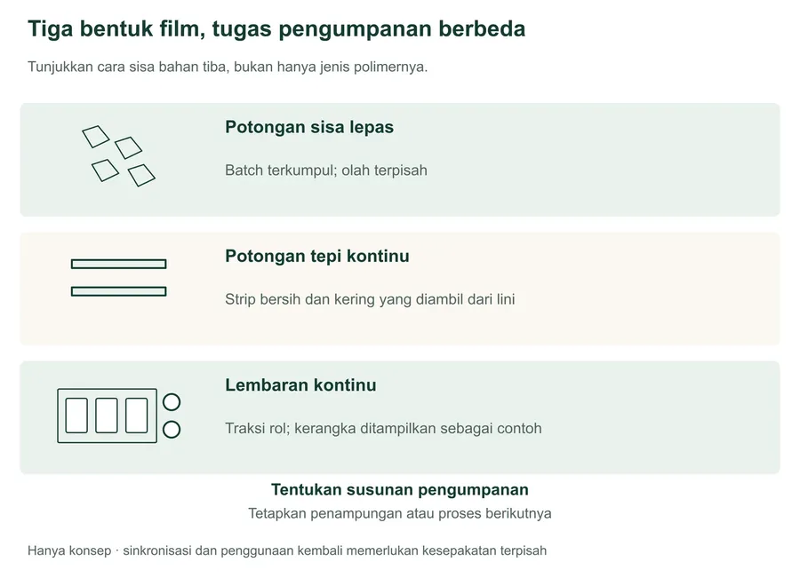 Tiga bentuk konseptual sisa film: potongan lepas terpisah yang dikumpulkan per batch; dua strip potongan tepi sempit, bersih, dan kering yang tiba kontinu dari lini; serta kerangka thermoforming kontinu yang ditarik rol, ditampilkan sebagai satu contoh lembaran. Ini tugas pengumpanan terpisah, bukan sistem terhubung. Penampungan atau proses berikutnya harus ditentukan; sinkronisasi otomatis dan persetujuan penggunaan kembali tidak tersirat.