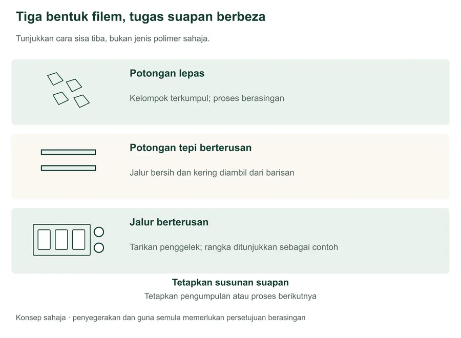 Tiga bentuk konsep sisa filem: potongan lepas berasingan dikumpulkan sebagai kelompok; dua jalur potongan tepi sempit, bersih serta kering tiba berterusan dari barisan; dan rangka pembentukan termo berterusan ditarik penggelek sebagai satu contoh jalur. Ini tugas suapan berasingan, bukan sistem bersambung. Pengumpulan atau proses seterusnya mesti ditetapkan; penyegerakan automatik serta kelulusan guna semula tidak tersirat.