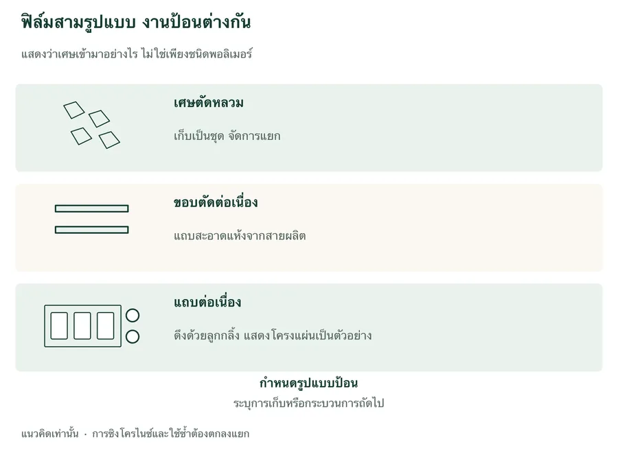 เศษฟิล์มสามรูปแบบเชิงแนวคิด: เศษตัดหลวมแยกชิ้นที่เก็บเป็นชุด แถบขอบแคบสะอาดแห้งสองเส้นจากสายต่อเนื่อง และโครงแผ่นเทอร์โมฟอร์มต่อเนื่องดึงด้วยลูกกลิ้งซึ่งแสดงเป็นตัวอย่างหนึ่ง งานป้อนเหล่านี้แยกกัน ไม่ใช่ระบบต่อเนื่องเดียว ต้องระบุจุดเก็บหรือกระบวนการถัดไป ไม่ได้สื่อว่ามีซิงโครไนซ์อัตโนมัติหรืออนุมัติใช้ซ้ำ